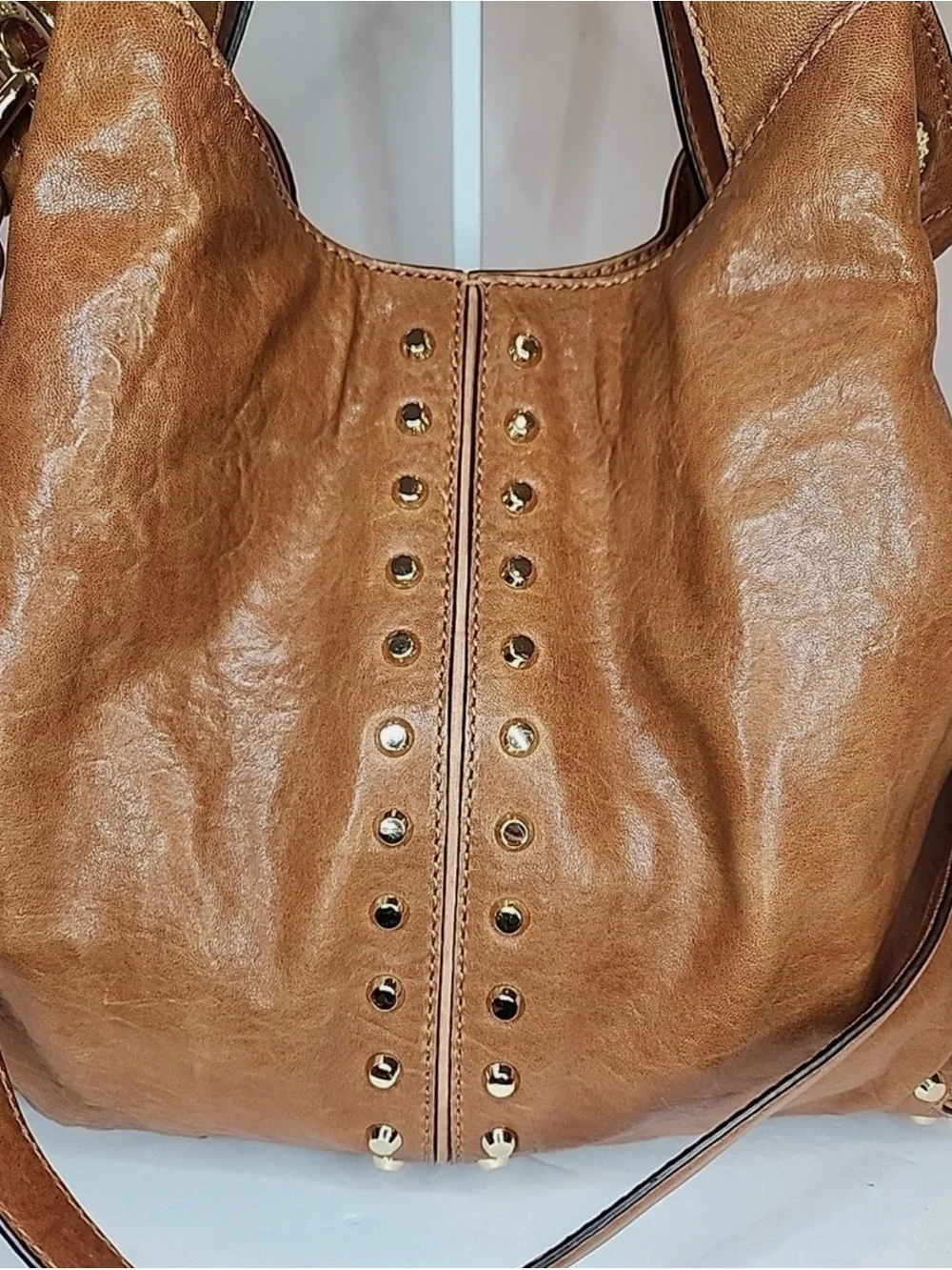 Michael Kors Vintage Uptown Astor Studded Leather Hobo Bag - Cognac Brown